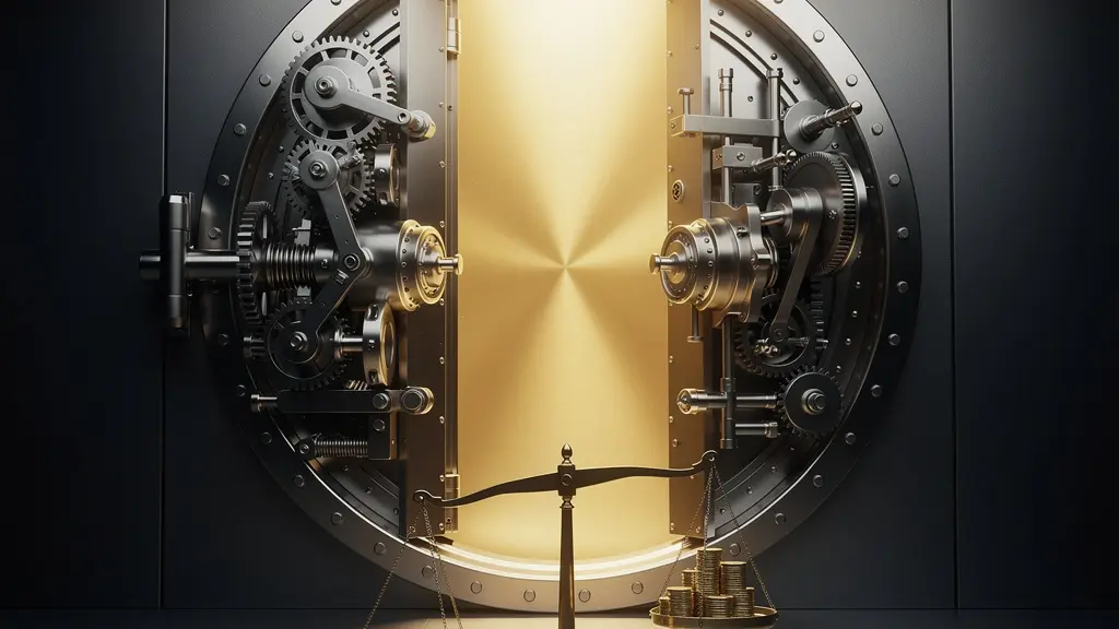 Visualisierung der Schweizer Schuldenbremse als ein massives, präzises Tresorschloss, das Stabilität und Sicherheit symbolisiert.