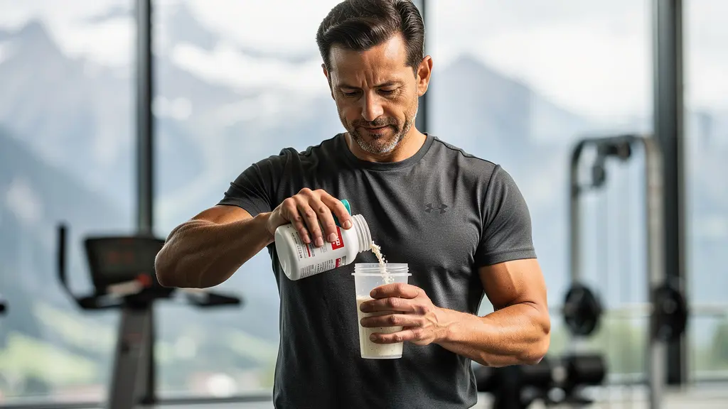 Fokussierter Athlet in einem Schweizer Fitnessstudio, der qualitativ hochwertige Nahrungsergänzungsmittel für den Muskelaufbau vorbereitet.