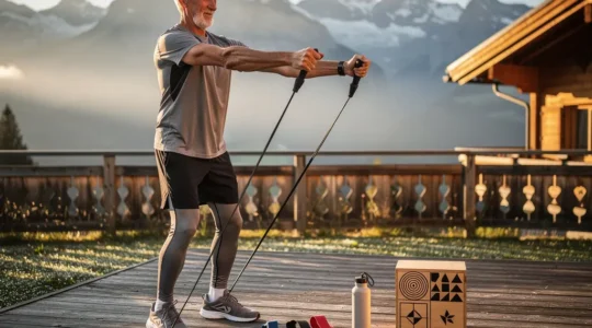 Seniorin beim Krafttraining mit Schweizer Alpenpanorama im Hintergrund