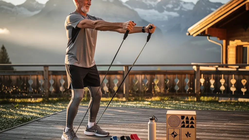 Seniorin beim Krafttraining mit Schweizer Alpenpanorama im Hintergrund