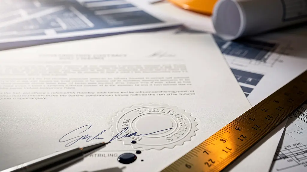 Detailaufnahme von Vertragsdokumenten mit SIA-Normen-Referenzen und Architekturplänen