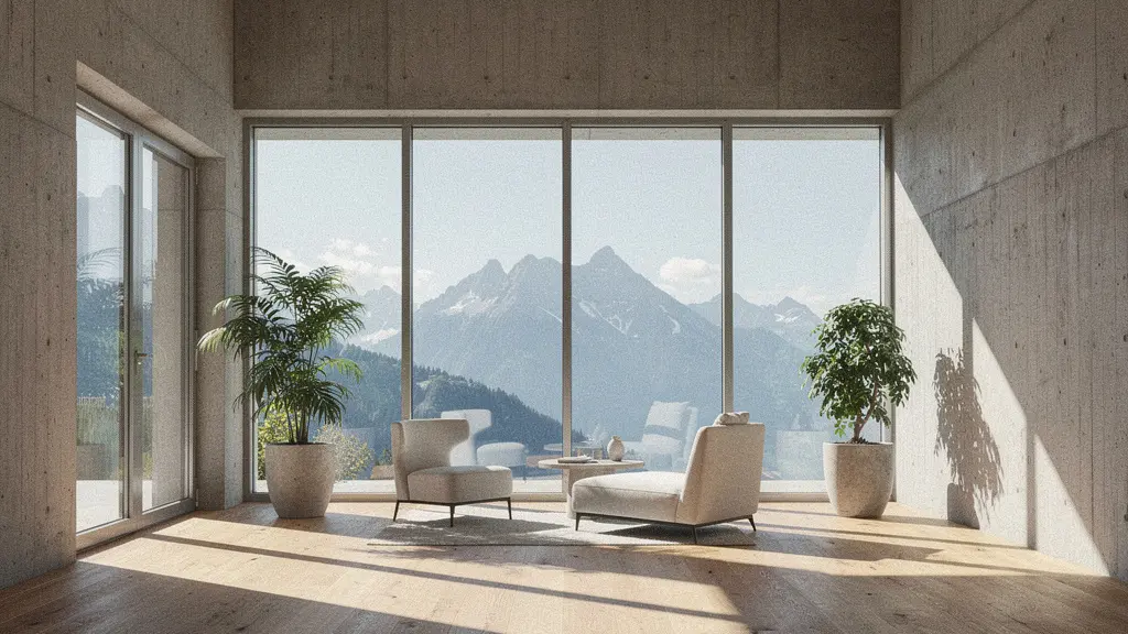 Moderne Sichtbetonwand im Wohnbereich mit warmen Holzelementen