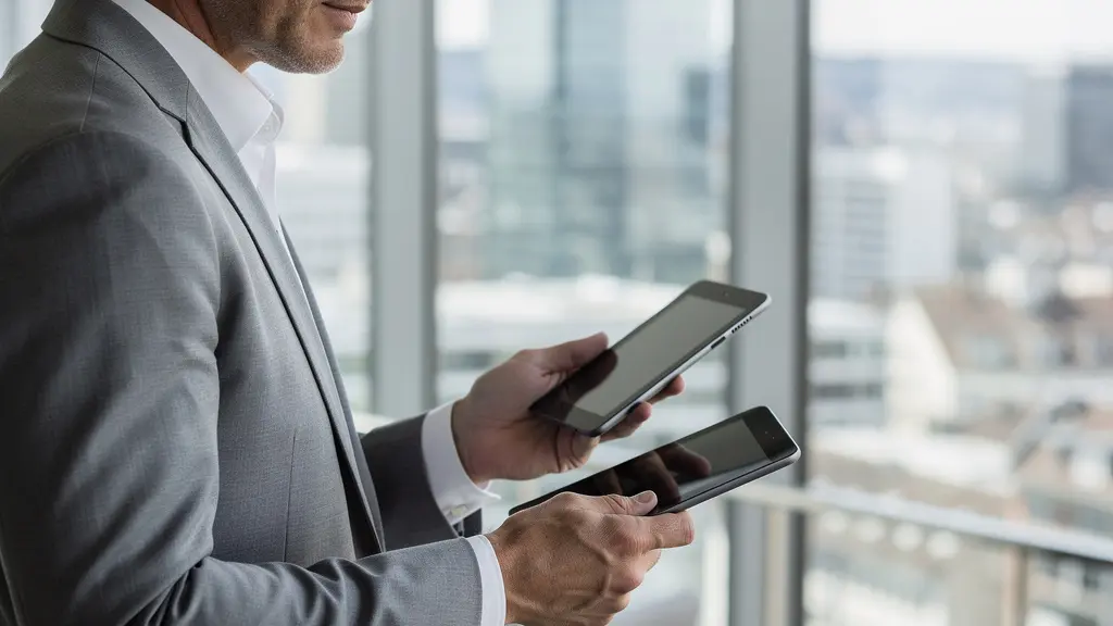 Ein Finanzberater vergleicht auf zwei Tablets die Performance-Graphen von SMI-Schwergewichten und Mid-Cap-Aktien, um eine strategische Entscheidung zu treffen.