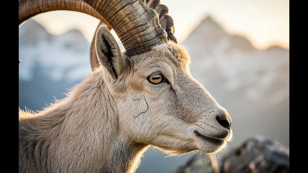 Majestätischer Steinbock auf Felsvorsprung mit Schweizer Alpengipfeln im Hintergrund