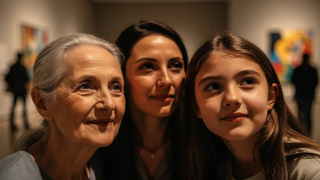 Mehrere Generationen einer Familie betrachten gemeinsam Kunstwerke in einem Schweizer Museum
