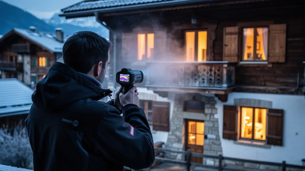 Thermografieaufnahme eines Schweizer Altbaus im Winter zeigt Wärmebrücken
