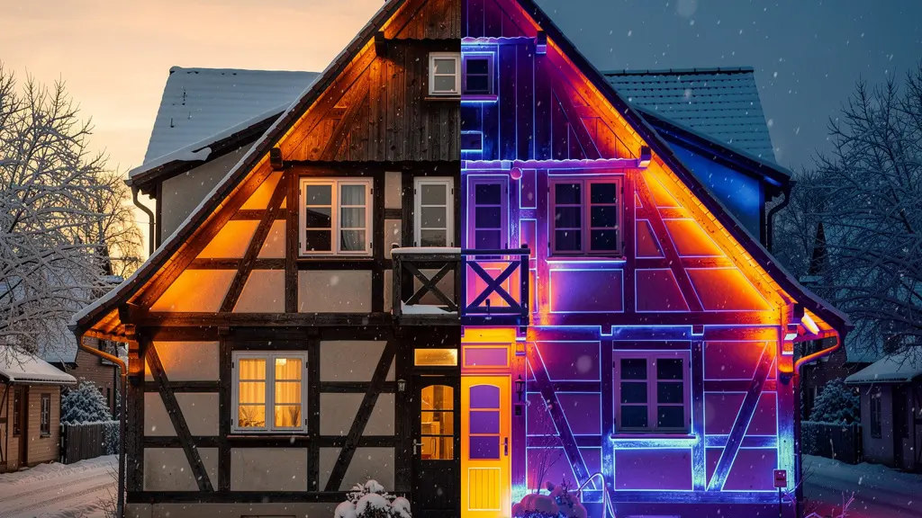 Wärmebild eines Fachwerkhauses mit sichtbaren Wärmeverlusten in verschiedenen Farben wie Rot, Gelb und Blau
