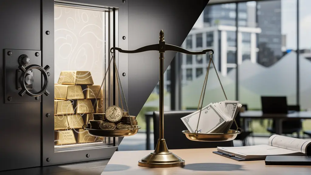 Visuelle Darstellung der unterschiedlichen Vergütungsstrukturen zwischen Banken und Startups, die Sicherheit gegen Wachstumspotenzial abwägt.