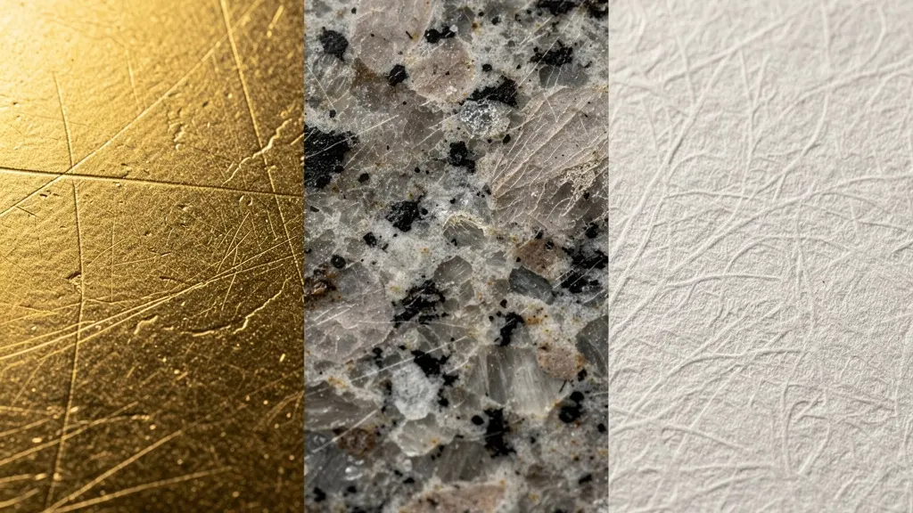 Makroaufnahme, die symbolisch die Texturen von Gold, Immobilien (Stein) und Aktien (Papier) darstellt