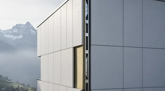 Moderne vorgehängte hinterlüftete Fassade an einem Schweizer Gebäude mit sichtbarem Schichtaufbau