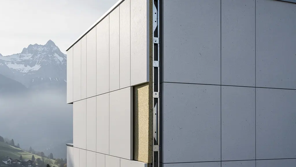 Moderne vorgehängte hinterlüftete Fassade an einem Schweizer Gebäude mit sichtbarem Schichtaufbau