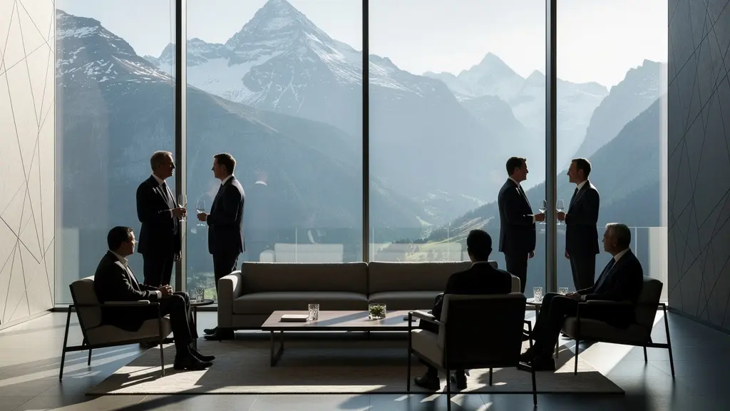 Elegantes Business-Networking in exklusivem Schweizer Umfeld mit Blick auf Berge
