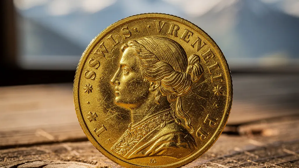 Goldvreneli Münze in Makroaufnahme mit Schweizer Alpen