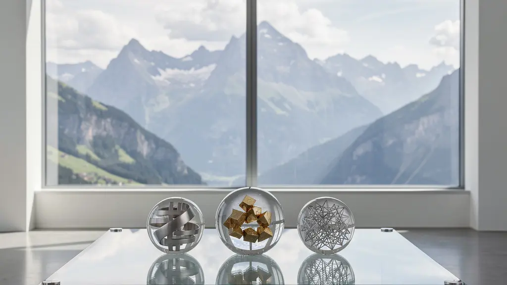 Visualisierung einer ausgewogenen Währungsverteilung im Portfolio, dargestellt durch drei Kristallkugeln auf einem Tisch vor einer Alpenkulisse.