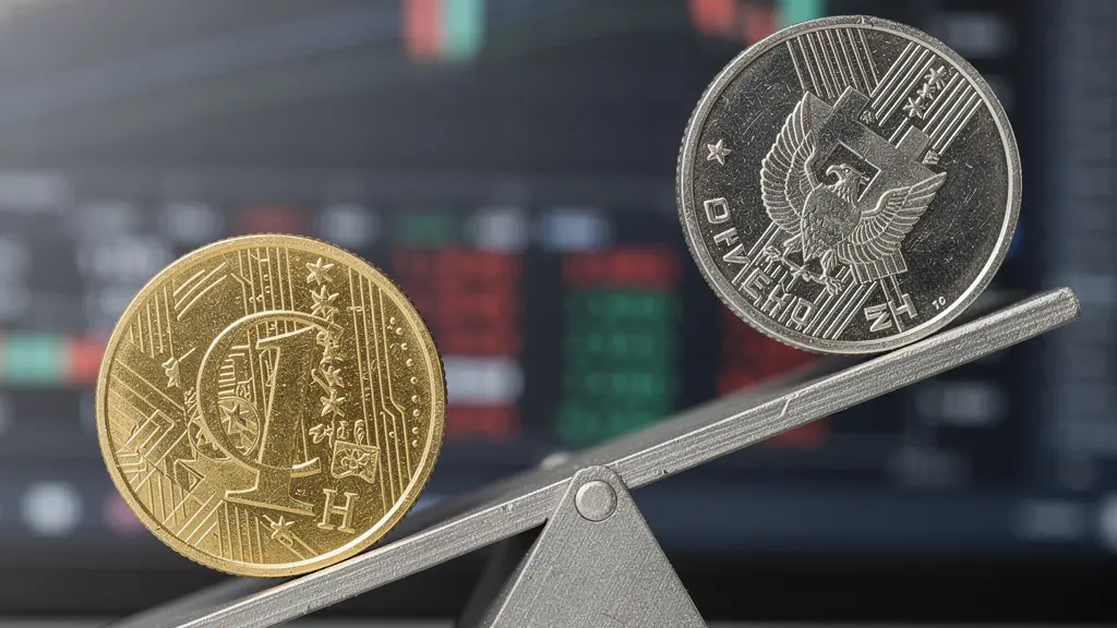 Währungsrisiko für Schweizer Anleger bei US-Investments ohne Hedging, dargestellt durch eine Wippe, auf der eine schwere Schweizer-Franken-Münze eine leichtere Dollar-Münze nach oben drückt.