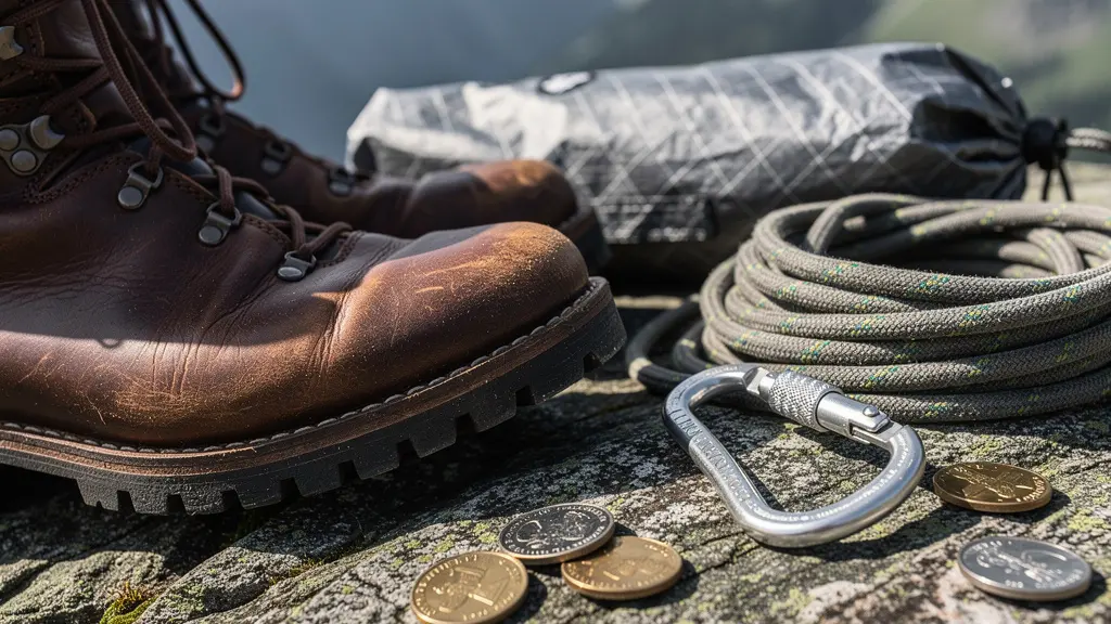 Detailaufnahme von professioneller Bergausrüstung auf Felsen arrangiert