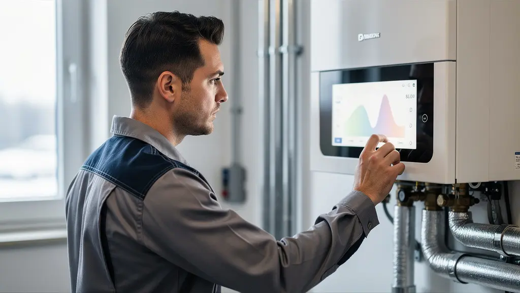 Techniker bei der Wartung einer modernen Heizungsanlage in einem Schweizer Mehrfamilienhaus