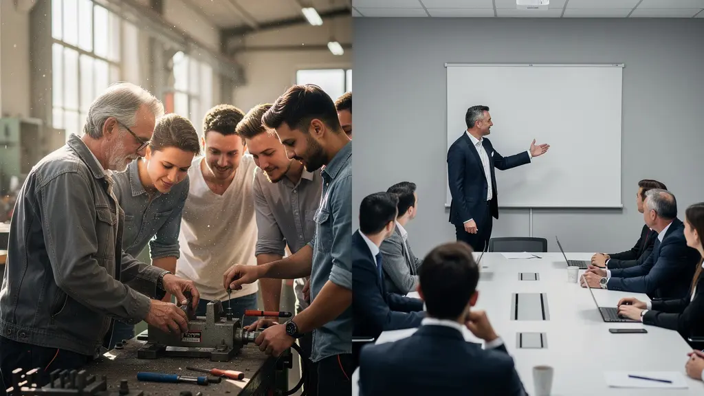 Zwei Führungspersonen in unterschiedlichen Arbeitsumgebungen zeigen verschiedene Führungsstile