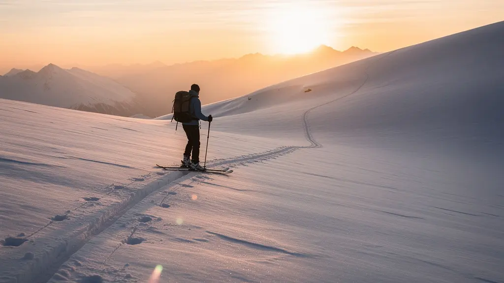 Skitourengeher im Aufstieg bei Sonnenaufgang in verschneiter Berglandschaft