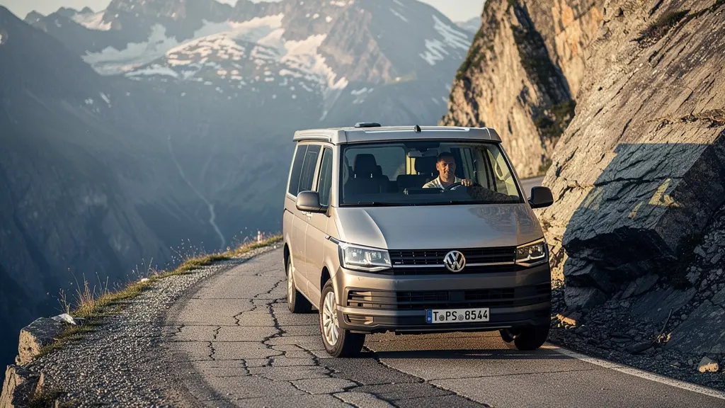Kompakter Camper navigiert vorsichtig enge Bergpass-Serpentinen mit spektakulärer Alpenkulisse