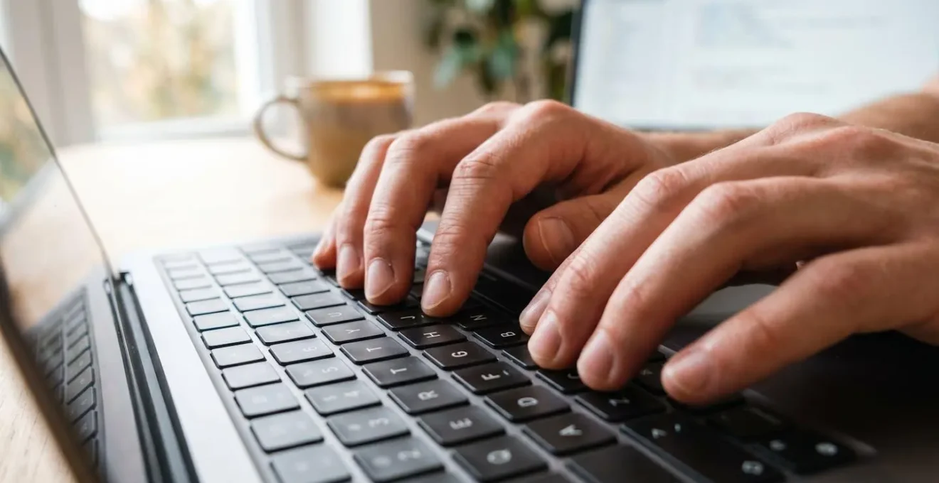 Nahaufnahme von Händen, die auf einer Laptop-Tastatur tippen, mit modernem Arbeitsplatz im unscharfen Hintergrund