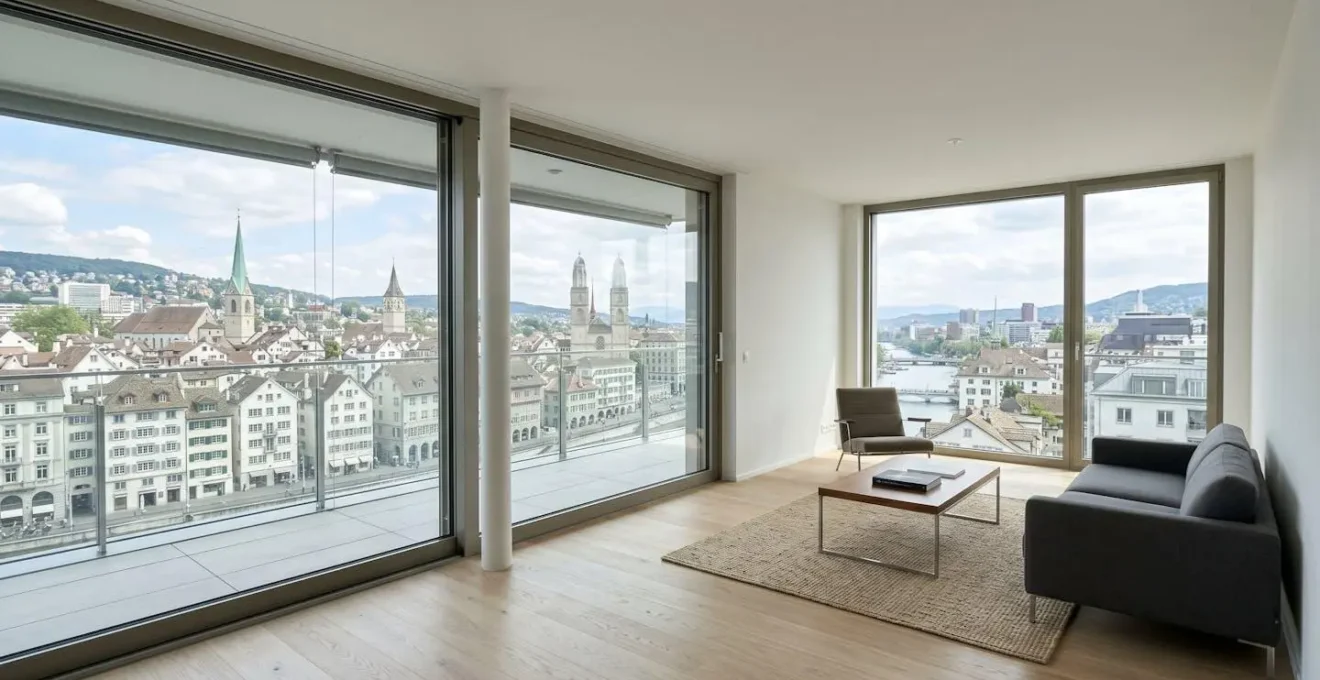 Weitwinkelaufnahme eines modernen Wohnzimmers mit grossen Fenstern und Blick auf Zürcher Stadtarchitektur, heller Raum ohne Personen