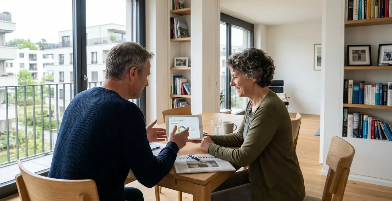 Ein Paar mittleren Alters sitzt an einem modernen Esstisch und betrachtet gemeinsam einen Tablet-Bildschirm in heller Wohnung