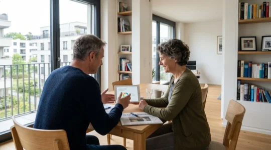 Ein Paar mittleren Alters sitzt an einem modernen Esstisch und betrachtet gemeinsam einen Tablet-Bildschirm in heller Wohnung